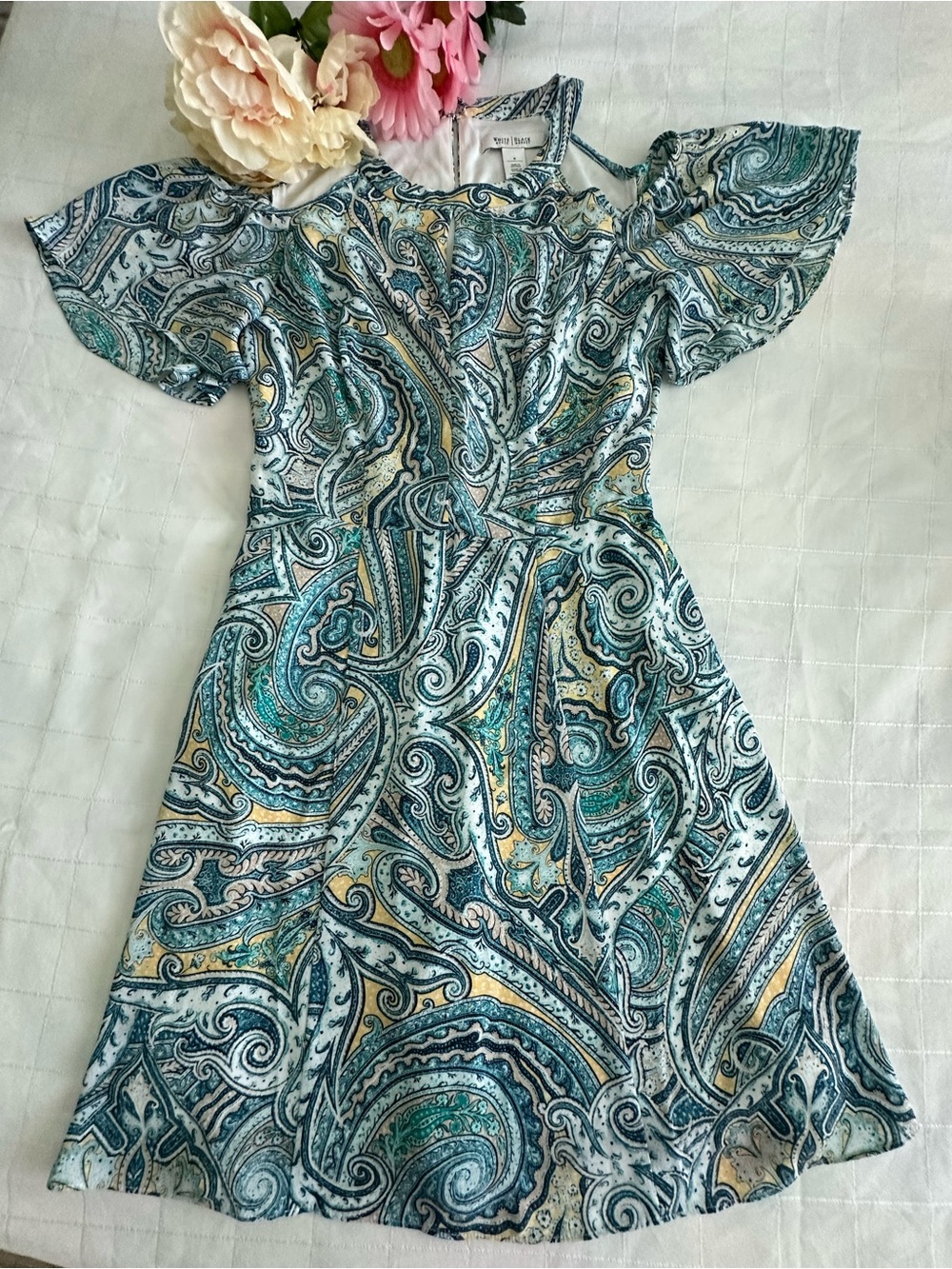 White House Black Market NWOT Teal Paisley Cold-Shoulder Dress
